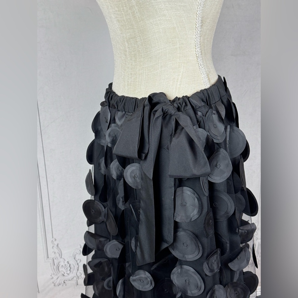 Elegant Polka Dot Tull Mesh Black 3D Patchwork A-Line Midi Skirt - Picture 5 of 8
